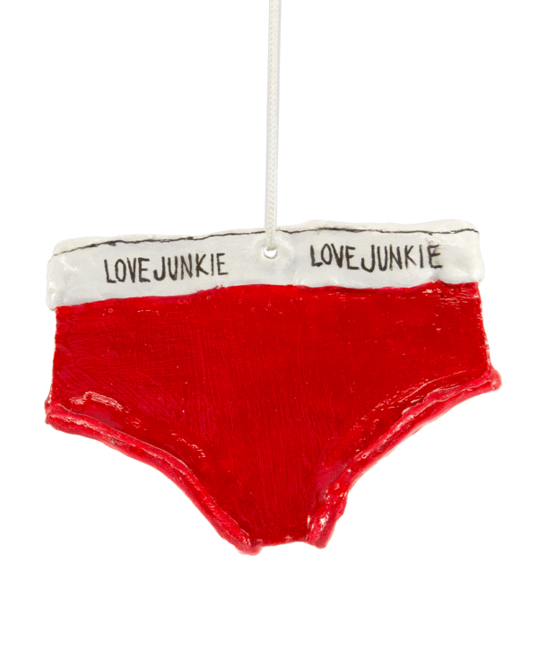 Red Briefs from Love Junkie Ornament Raffle Ticket<br><br><span>Handmade by Sam Whitney